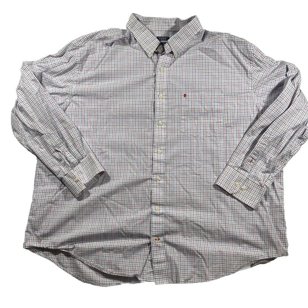 Izod Shirt Mens 3XL Big & Tall White Plaid Grid Navy Button Down Long Sleeve